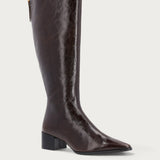 Knee-high heeled boots in brown polished leather