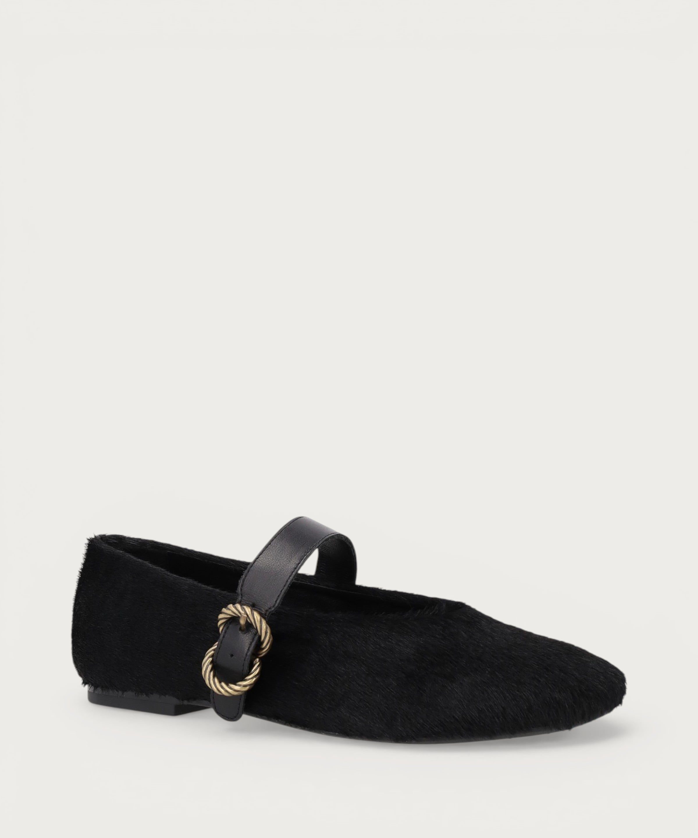 Black pony-hair leather ballet flats with strap