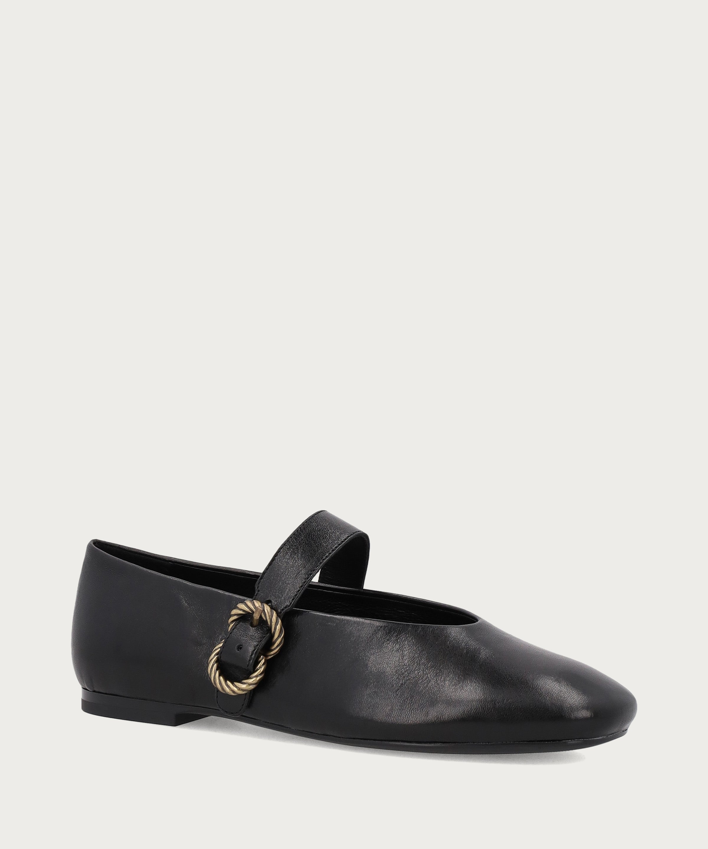 Black vintage leather ballet flats with strap