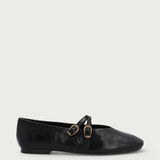Black vintage leather double-strap ballet flats