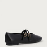 Black vintage leather double-strap ballet flats