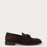 Men's dark brown suede loafers with tassels