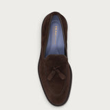 Men's dark brown suede loafers with tassels