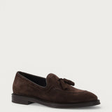 Men's dark brown suede loafers with tassels