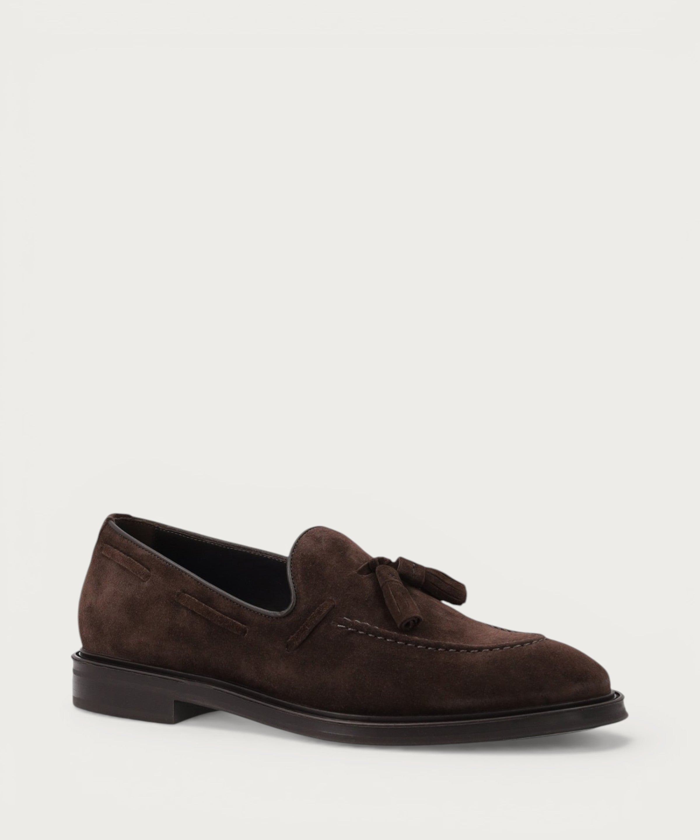 Men's dark brown suede loafers with tassels