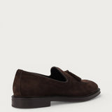 Men's dark brown suede loafers with tassels