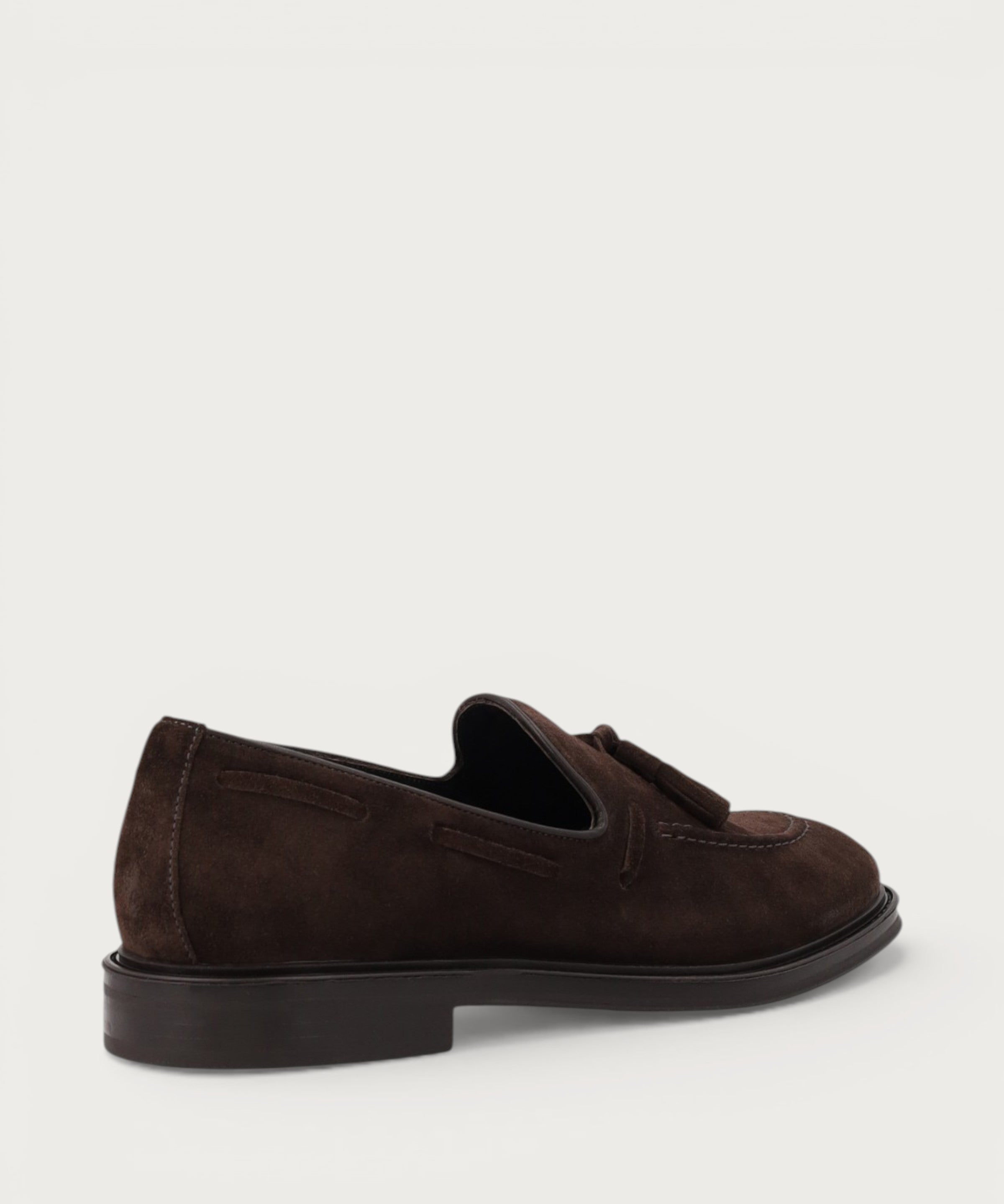 Men's dark brown suede loafers with tassels