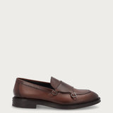 Men's airbrushed brown calfskin double-buckle loafers