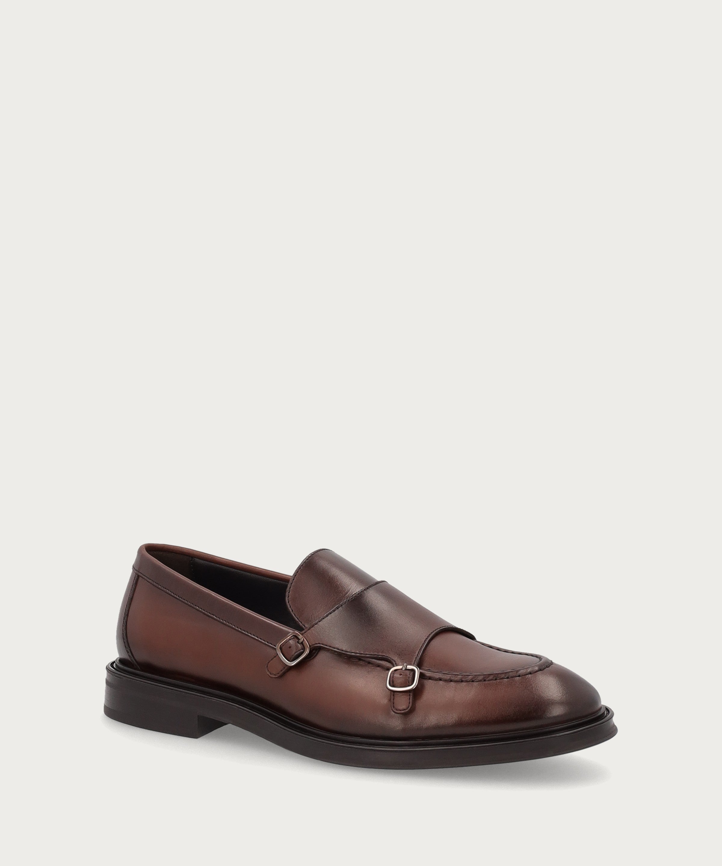Men's airbrushed brown calfskin double-buckle loafers