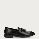 Men's elegant polished black calfskin loafers with tassels