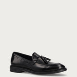 Men's elegant polished black calfskin loafers with tassels