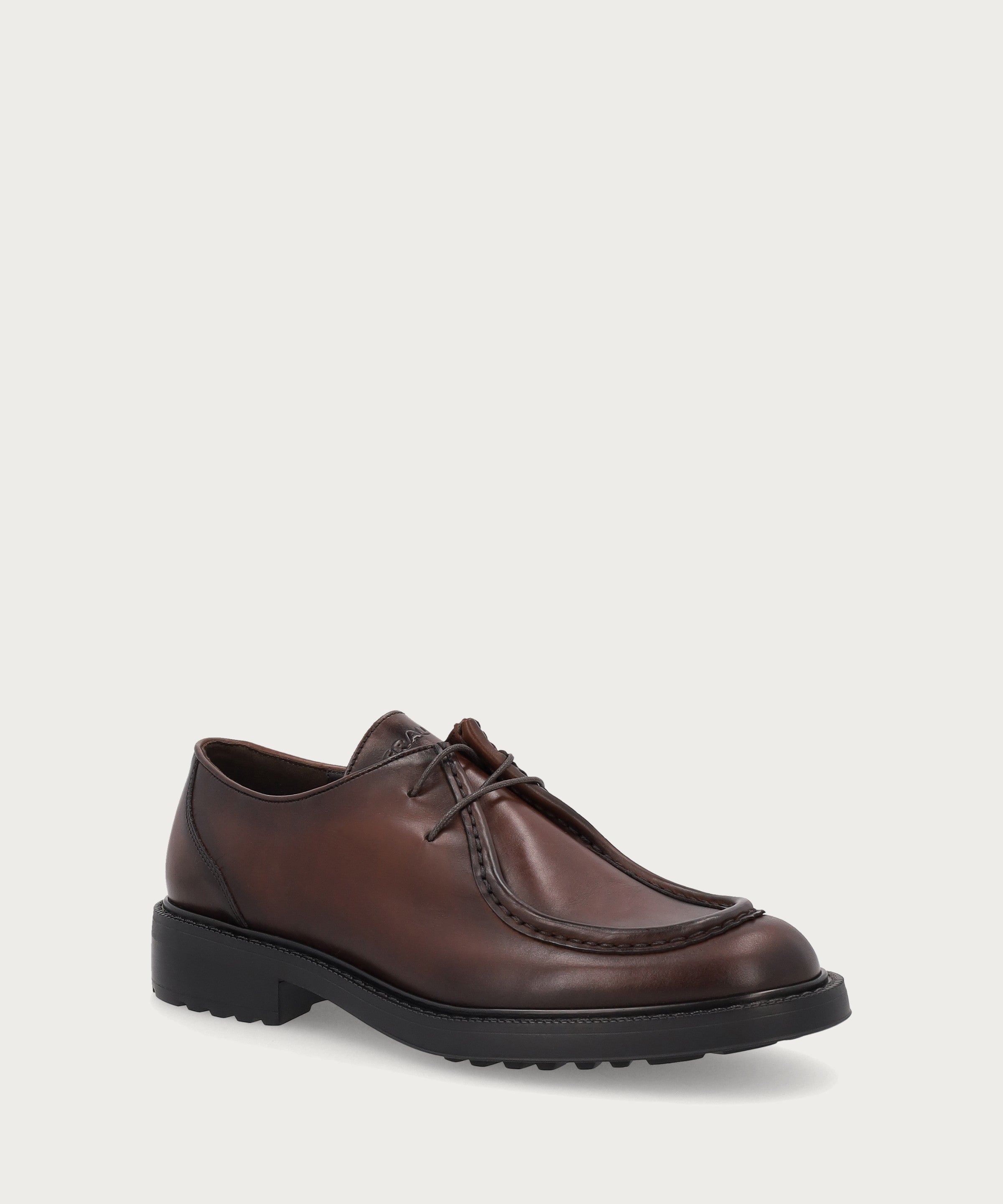 Men's moc-toe Derby shoes in airbrushed brown calfskin