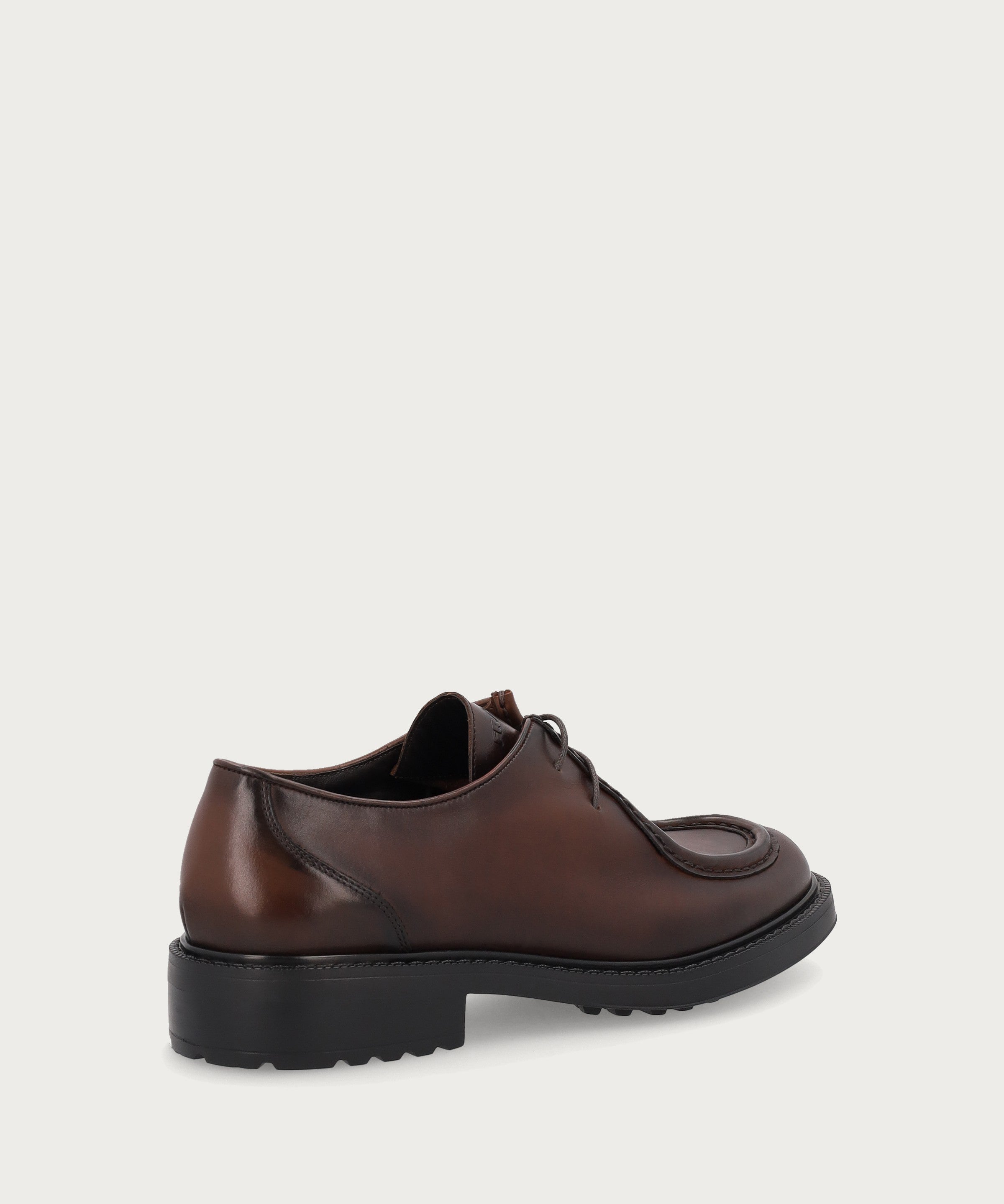Men's moc-toe Derby shoes in airbrushed brown calfskin