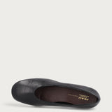 Black leather almond-toe pumps with round heel