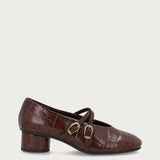 Crocodile-print brown leather Mary Janes with round heel