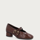 Crocodile-print brown leather Mary Janes with round heel