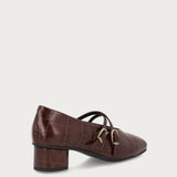 Crocodile-print brown leather Mary Janes with round heel