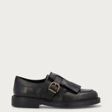 Women's black leather lace-up shoes with fringing