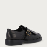 Women's black leather lace-up shoes with fringing