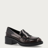 Women's brown brushed leather loafers with comfortable heel