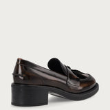 Women's brown brushed leather loafers with tassel and comfortable heel