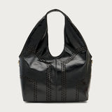 Black laser-cut polished leather maxi bag