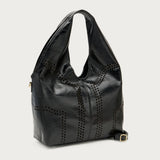 Black laser-cut polished leather maxi bag