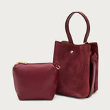 Small burgundy suede bucket bag