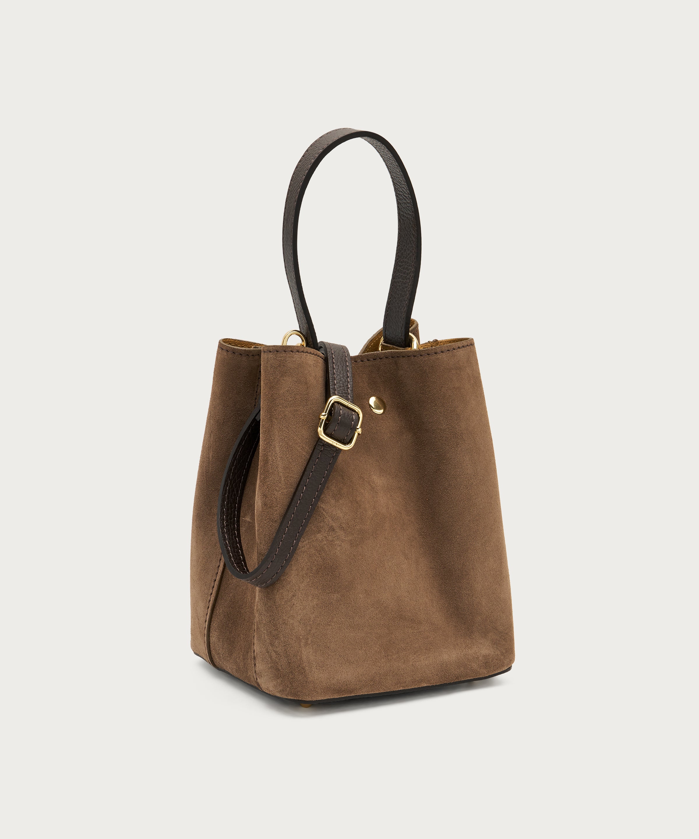 Small chocolate brown suede bucket bag