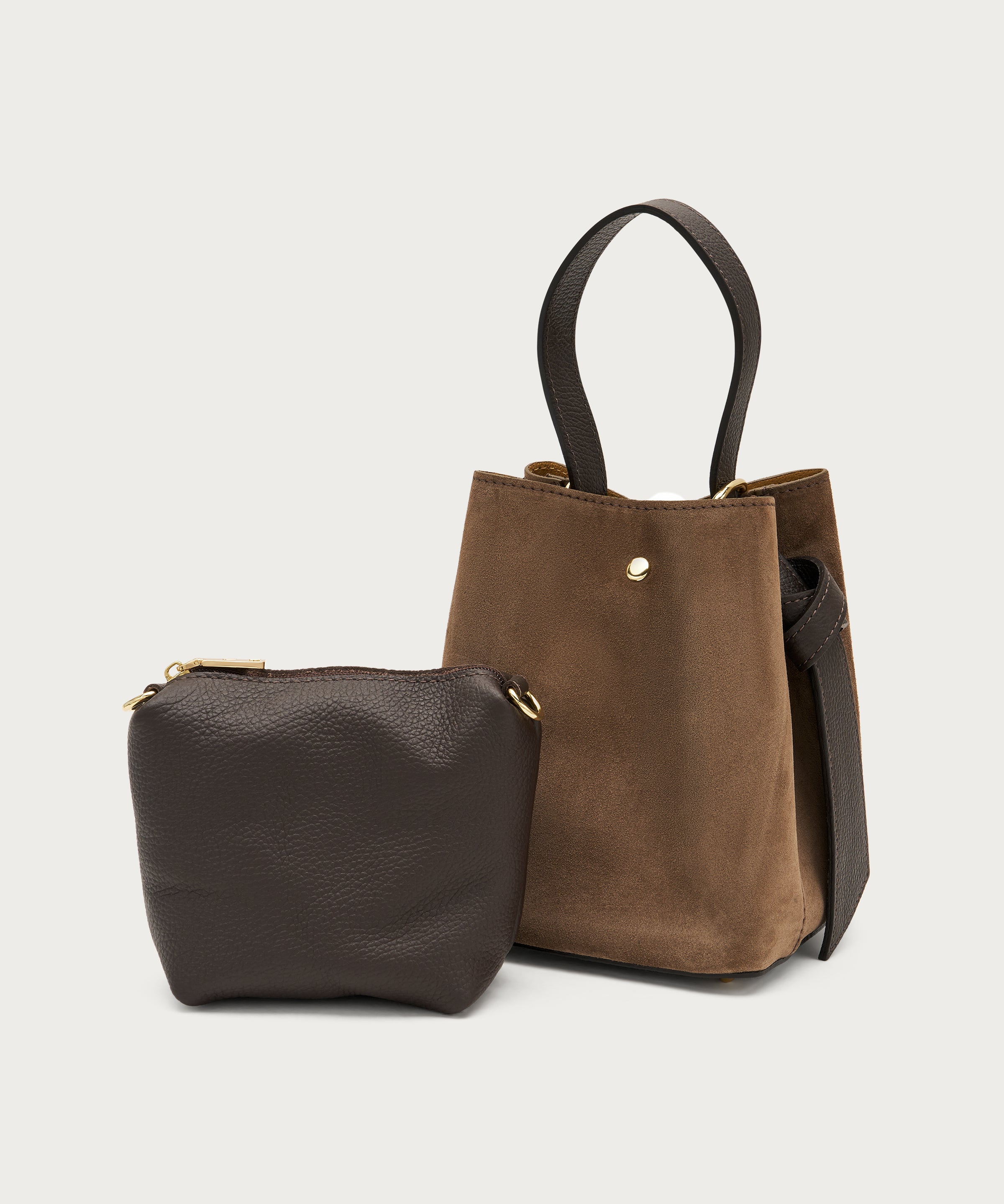 Small chocolate brown suede bucket bag