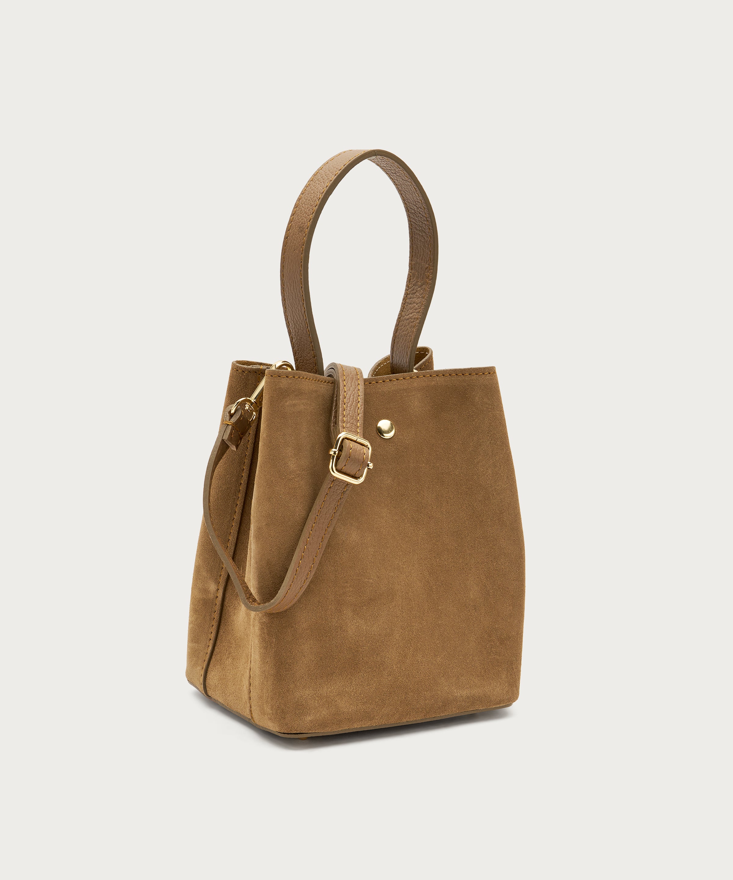 Small beige suede bucket bag