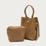 Small beige suede bucket bag