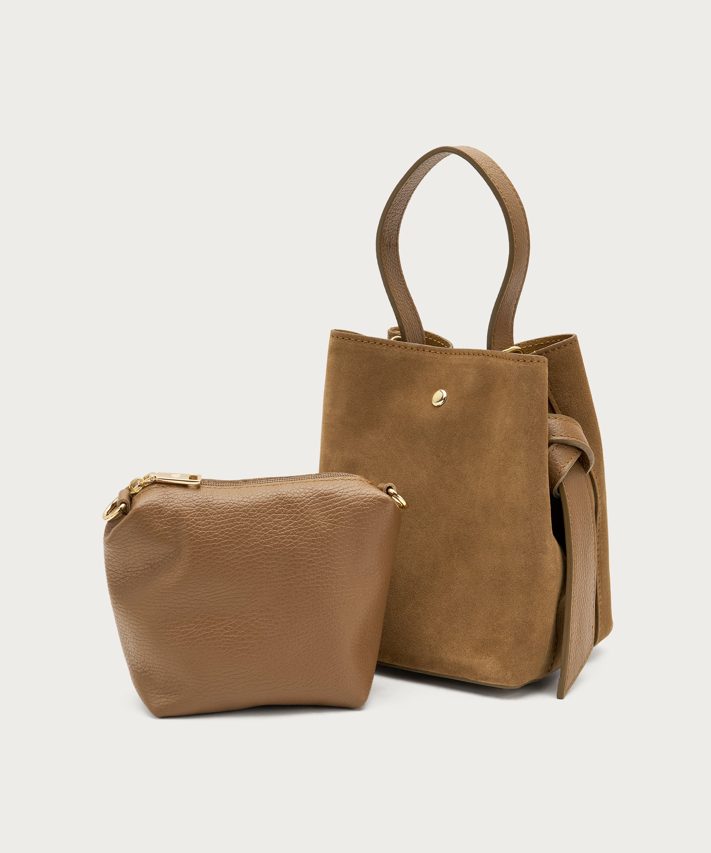 Small beige suede bucket bag