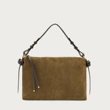 Maxi rectangular bag in green suede with handle and strap