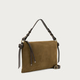Maxi rectangular bag in green suede with handle and strap