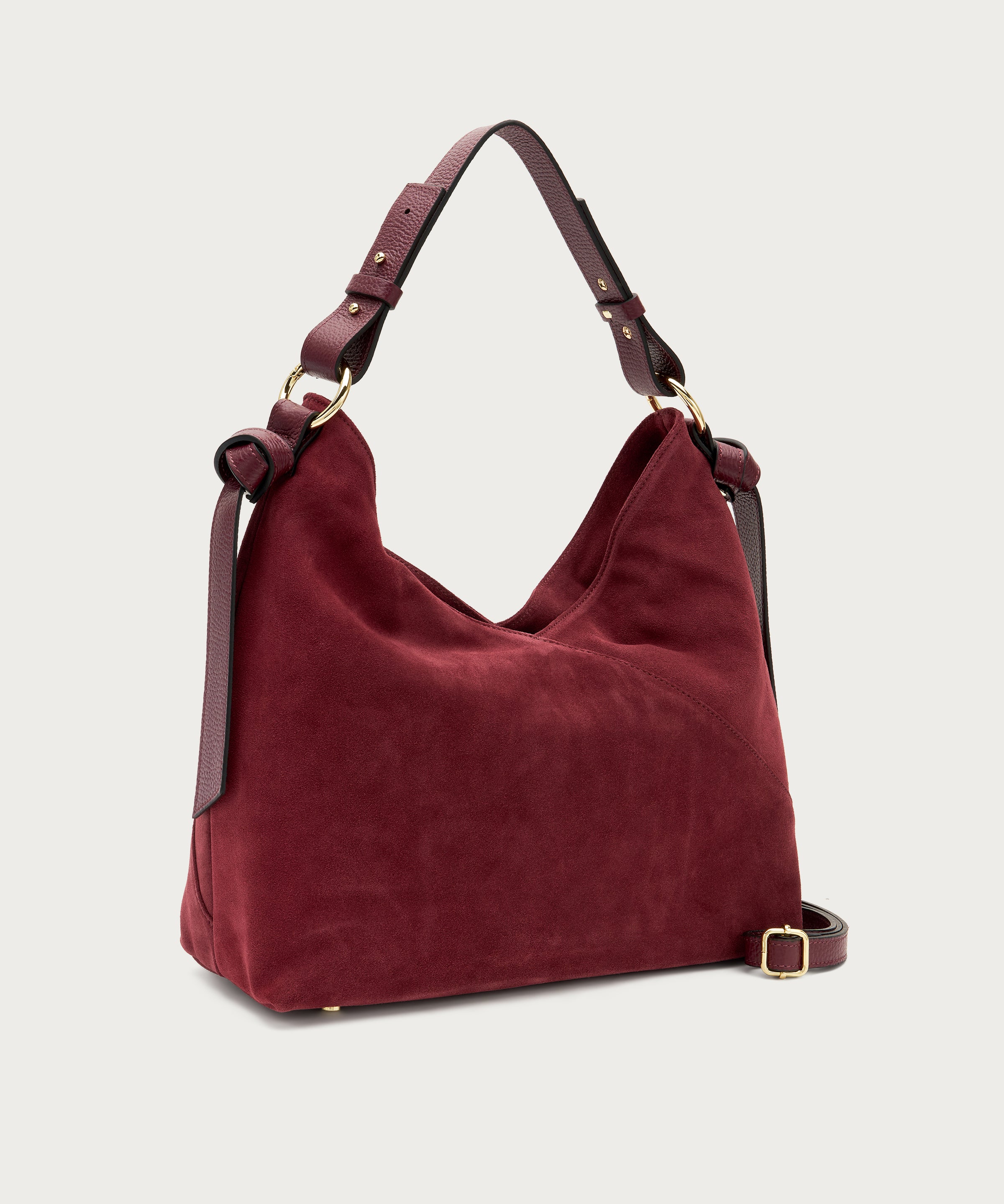 Large soft burgundy suede shoulder bag