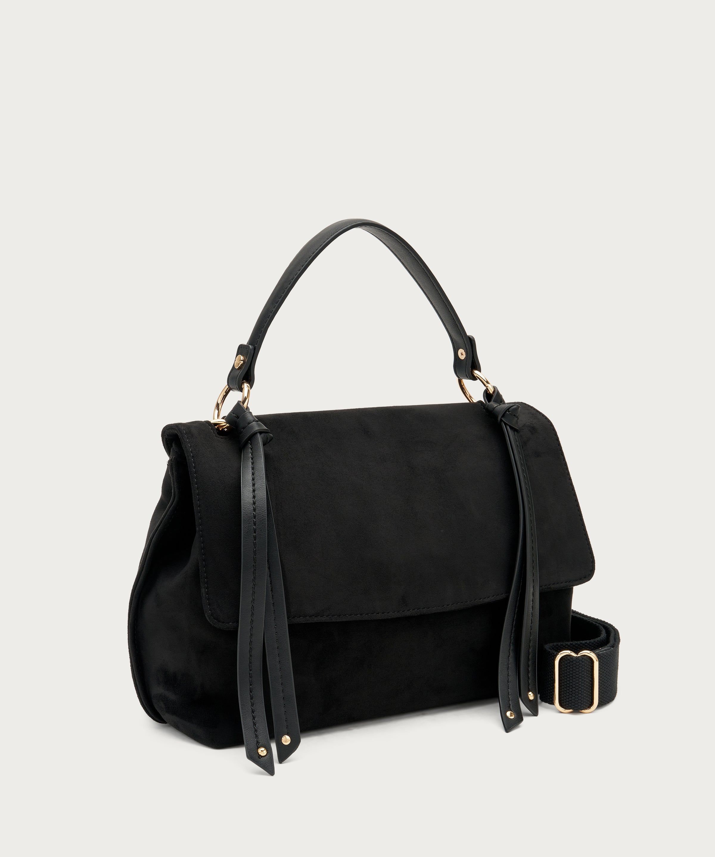 Large tote bag in black suede-effect fabric with strap